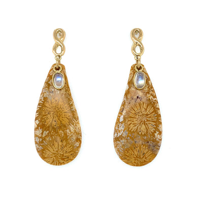 ELLEN HOFFMAN DESIGNS 18K GOLD INDONESIAN FOSSILIZED CORAL, MOONSTONE INFINITY POST EARRINGS