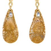 ELLEN HOFFMAN DESIGNS 18K GOLD INDONESIAN FOSSILIZED CORAL, MOONSTONE INFINITY POST EARRINGS