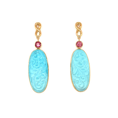 ELLEN HOFFMAN DESIGNS 18K CARVED TURQUOISE, ROSE ZIRCON INFINITY POST EARRINGS