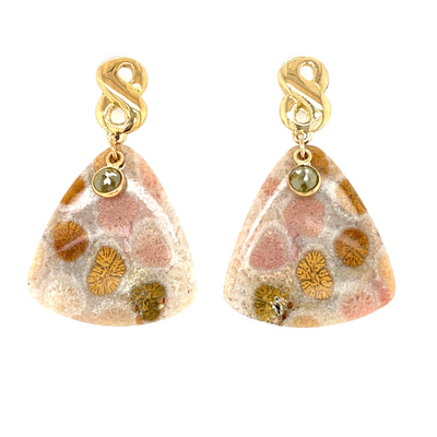 ELLEN HOFFMAN DESIGNS 18K GOLD INDONESIAN FOSSILIZED CORAL, ROUGH CUT COLORED DIAMOND INFINITY POST EARRINGS