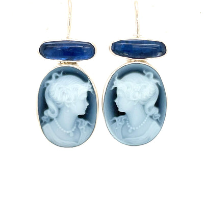 ELLEN HOFFMAN DESIGNS STERLING SILVER BLUE ONYX CAMEO, KYANITE EARRINGS