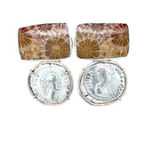 ELLEN HOFFMAN DESIGNS STERLING SILVER ANCIENT FAUSTINA THE ELDER SILVER ROMAN COINS, 138-161 AD, INDONESIAN FOSSILIZED CORAL CLIP-ON EARRINGS