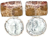 ELLEN HOFFMAN DESIGNS STERLING SILVER ANCIENT FAUSTINA THE ELDER SILVER ROMAN COINS, 138-161 AD, INDONESIAN FOSSILIZED CORAL CLIP-ON EARRINGS