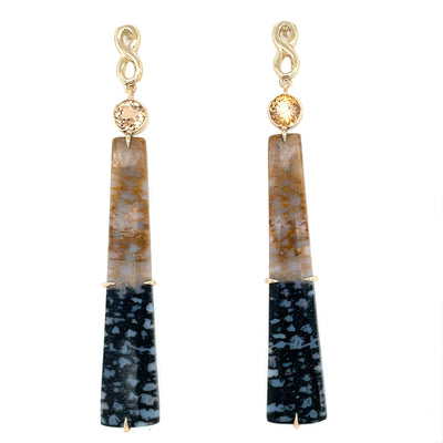 ELLEN HOFFMAN DESIGNS 14K GOLD FOSSILIZED WOOD, IMPERIAL TOPAZ INFINITY POST EARRINGS