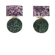 ELLEN HOFFMAN DESIGNS STERLING SILVER PURPLE TOURMALINE CRYSTALS, HINDU SHAHI KING COINS, 9-10 CENTURY AD, EARRINGS