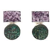 ELLEN HOFFMAN DESIGNS STERLING SILVER PURPLE TOURMALINE CRYSTALS, HINDU SHAHI KING COINS, 9-10 CENTURY AD, EARRINGS