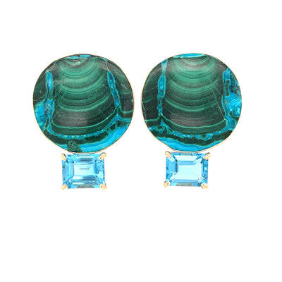 14K GOLD MALACHITE/CHRYSOCOLLA, SWISS BLUE TOPAZ POST EARRINGS