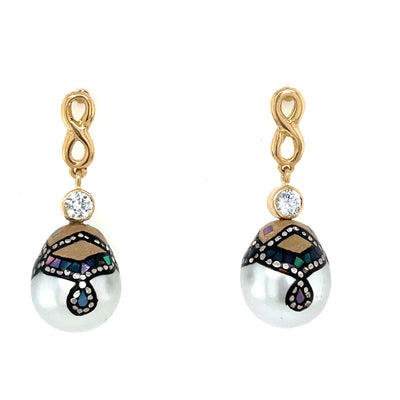 ELLEN HOFFMAN DESIGNS 18K GOLD, SAPPHIRE, TAHITIAN 24K GOLD MAKI-E PEARL POST EARRINGS