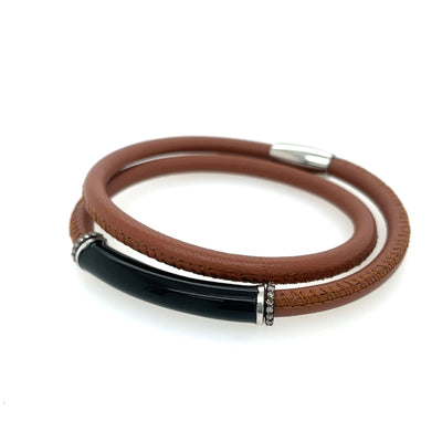 ELLEN HOFFMAN DESIGNS DOUBLE-WRAP LIGHT BROWN LEATHER, BLACK ENAMEL, PAVE DIAMOND BRACELET