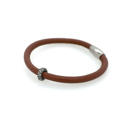 ELLEN HOFFMAN DESIGNS LIGHT BROWN LEATHER, PAVE DIAMOND BRACELET