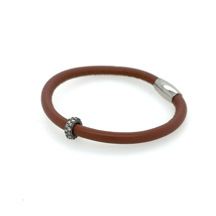 ELLEN HOFFMAN DESIGNS LIGHT BROWN LEATHER, PAVE DIAMOND BRACELET