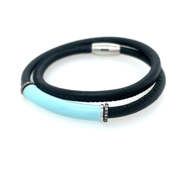 ELLEN HOFFMAN DESIGNS DOUBLE-WRAP BLACK LEATHER, BLUE ENAMEL, PAVE DIAMOND BRACELET