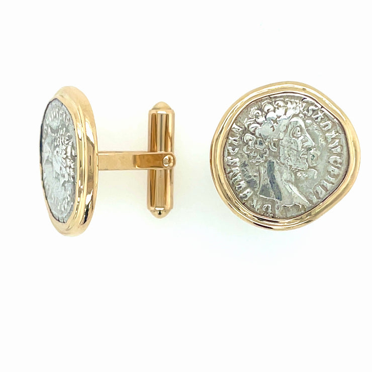 ELLEN HOFFMAN DESIGNS 14K GOLD ANCIENT ROMAN SILVER COIN CUFF LINKS, MARCUS AURELIUS, 161-180 AD