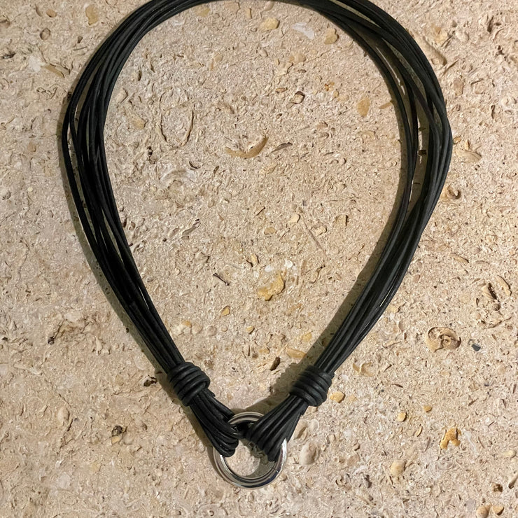 ELLEN HOFFMAN DESIGNS STERLING SILVER 9-STRAND BLACK BUFFALO LEATHER NECKLACE