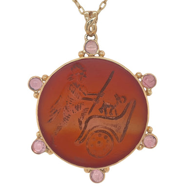 14k Gold, Pink Tourmaline, Ancient Carnelian Carving, ca. 330 BCE, Pendant