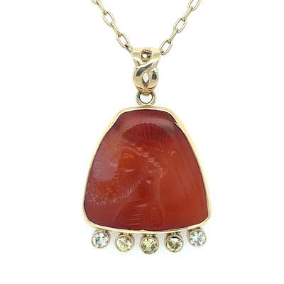 ELLEN HOFFMAN DESIGNS 14K GOLD, YELLOW SAPPHIRE, ANCIENT CARNELIAN CARVING OF PERSIAN OFFICIAL PENDANT 