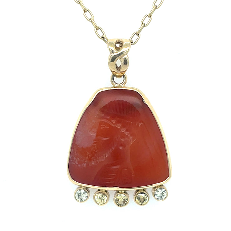 ELLEN HOFFMAN DESIGNS 14K GOLD, YELLOW SAPPHIRE, ANCIENT CARNELIAN CARVING OF PERSIAN OFFICIAL PENDANT 