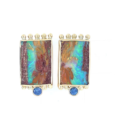 ELLEN HOFFMAN DESIGNS 18k GOLD AUSTRALIAN BOULDER OPAL PIPE, BLUE SAPPHIRE CLIP EARRINGS