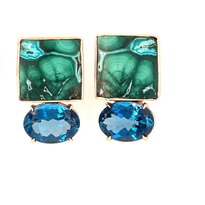 ELLEN HOFFMAN DESIGNS 14K GOLD MALACHITE/CHRYSOCOLLA, LONDON BLUE TOPAZ CLIP EARRINGS 