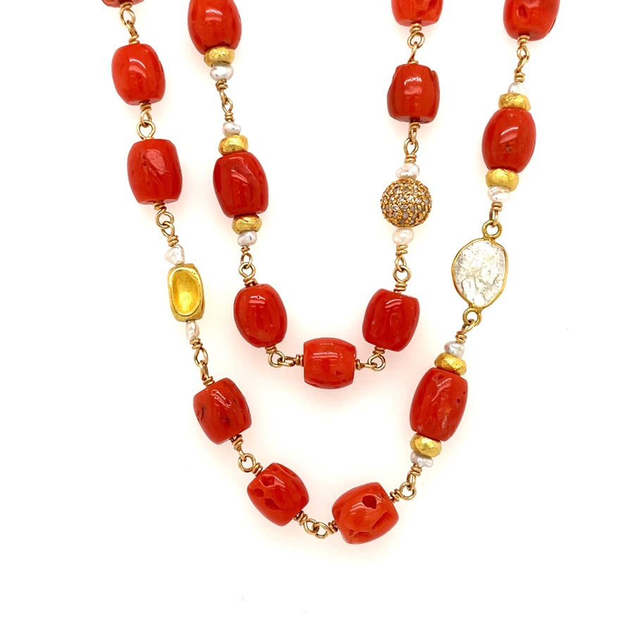 18k Gold Vintage Coral, Sliced and Pave Diamond, Akoya Keshi Pearl