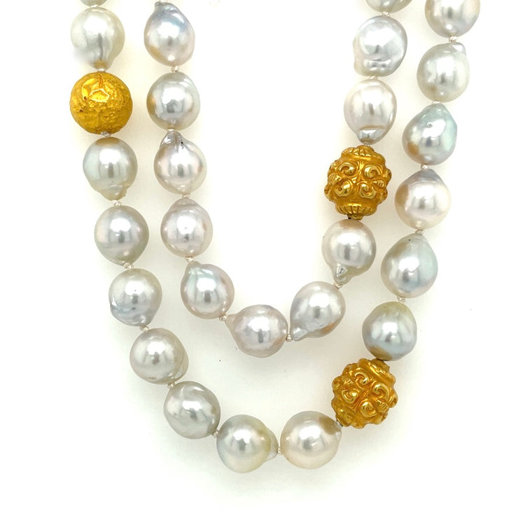 ELLEN HOFFMAN DESIGNS 18K GOLD SOUTH SEA WHITE OFF ROUND PEARLS WITH VINTAGE ACCENTS NECKLACE