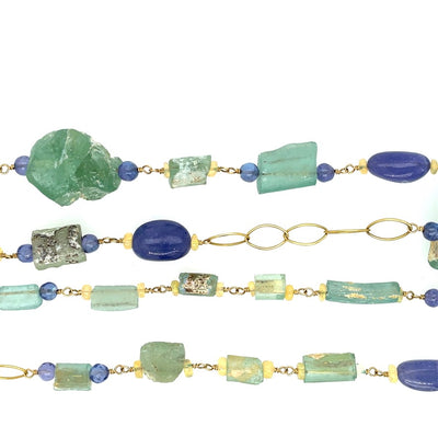 ELLEN HOFFMAN DESIGNS 18-KARAT GOLD ANCIENT ROMAN GLASS, TANZANITE, ETHIOPIAN OPAL, WITH MARQUIS  CHAIN NECKLACE